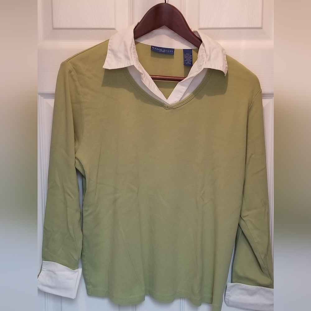 Karen Scott Top with Pointed Collar, Cuffed Sleeves